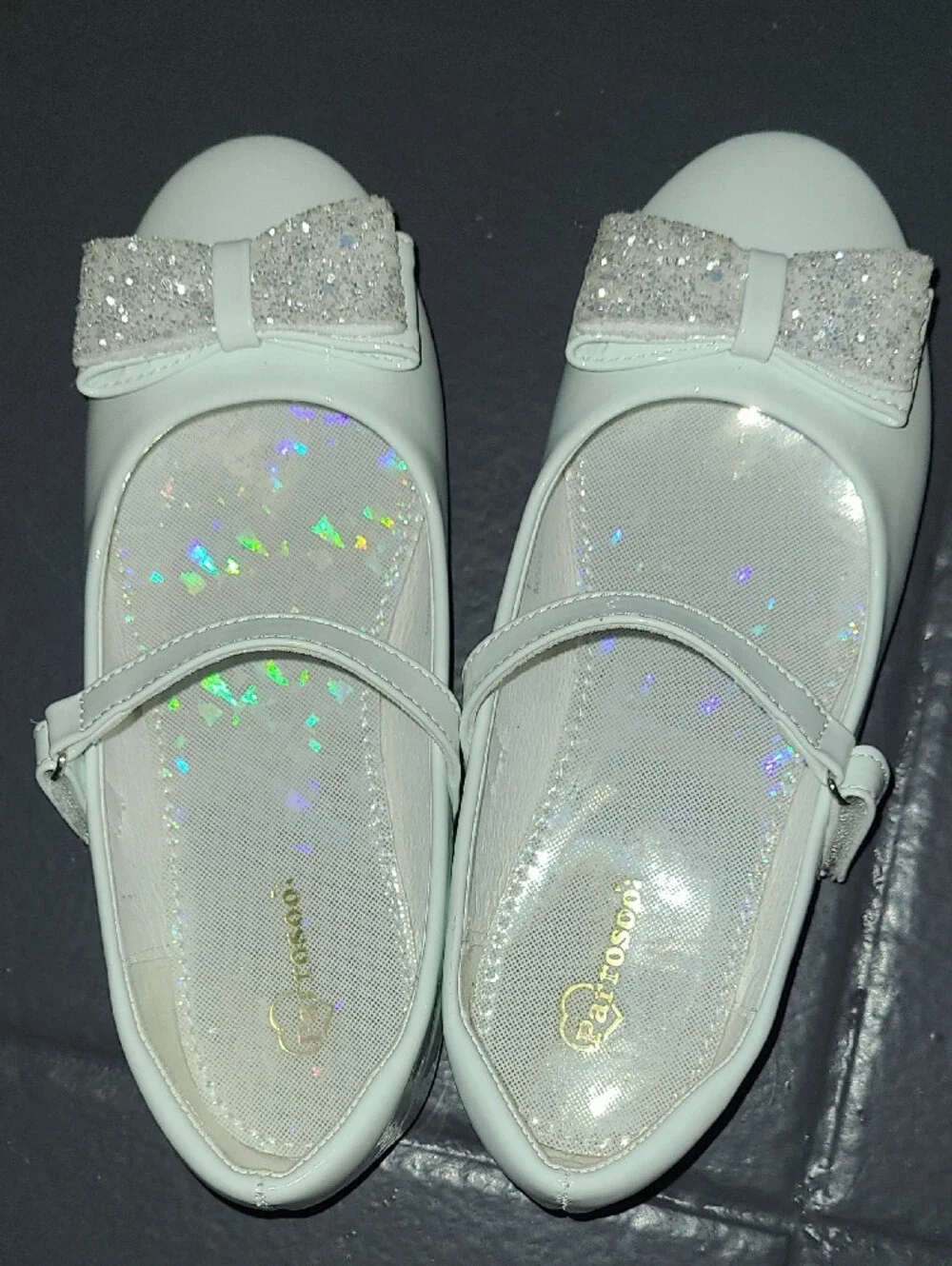 Girls White Mary Jane Dress Shoes with Sparkle Bow